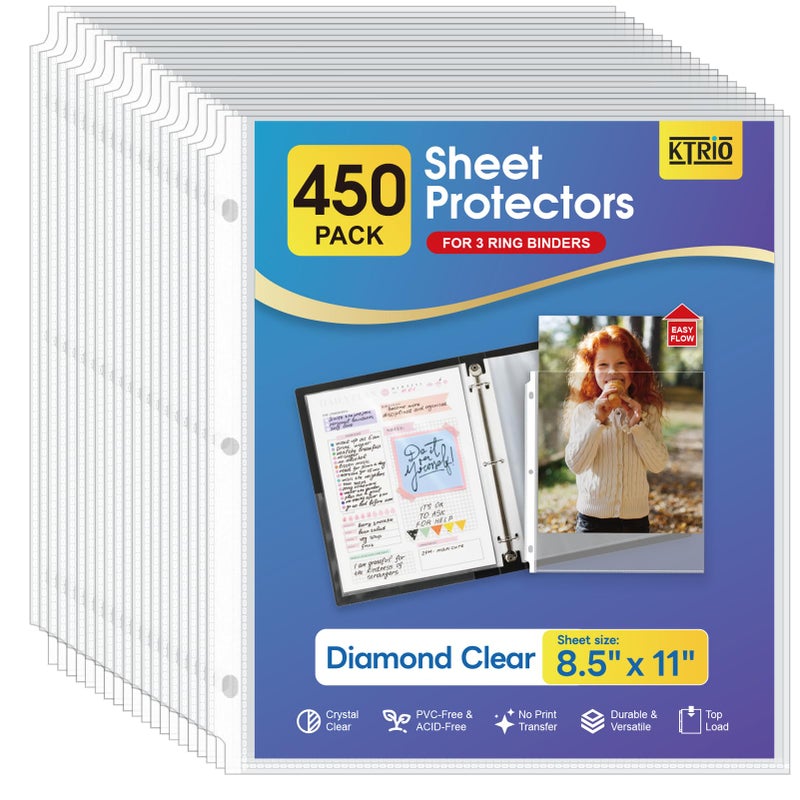 KTRIO Sheet Protectors 8.5 x 11 inch, Clear Page Protector for 3 Ring Binder, Plastic Sleeves for Binders, Top Loading Paper Sheets Document Sleeve Letter Size, Office & Home, 450 Pack - Image 1